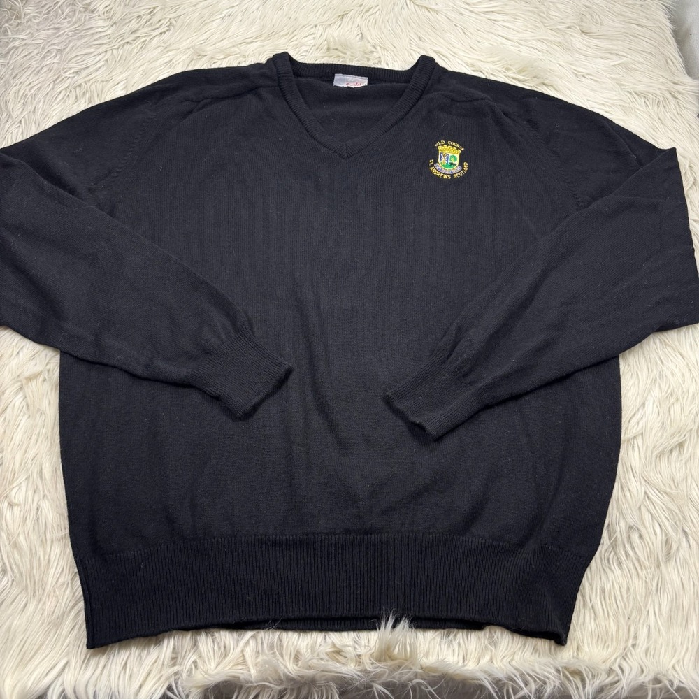 Vintage Men's XXXL Black Wool Old Course St Andrews Scotland V-Neck Sweater Golf
